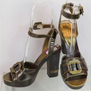MARC JACOBS STRAPPY BRONZE PUMPS VINTAGE NAPPA 70S BOHO LEATHER WOOD PLATFORM